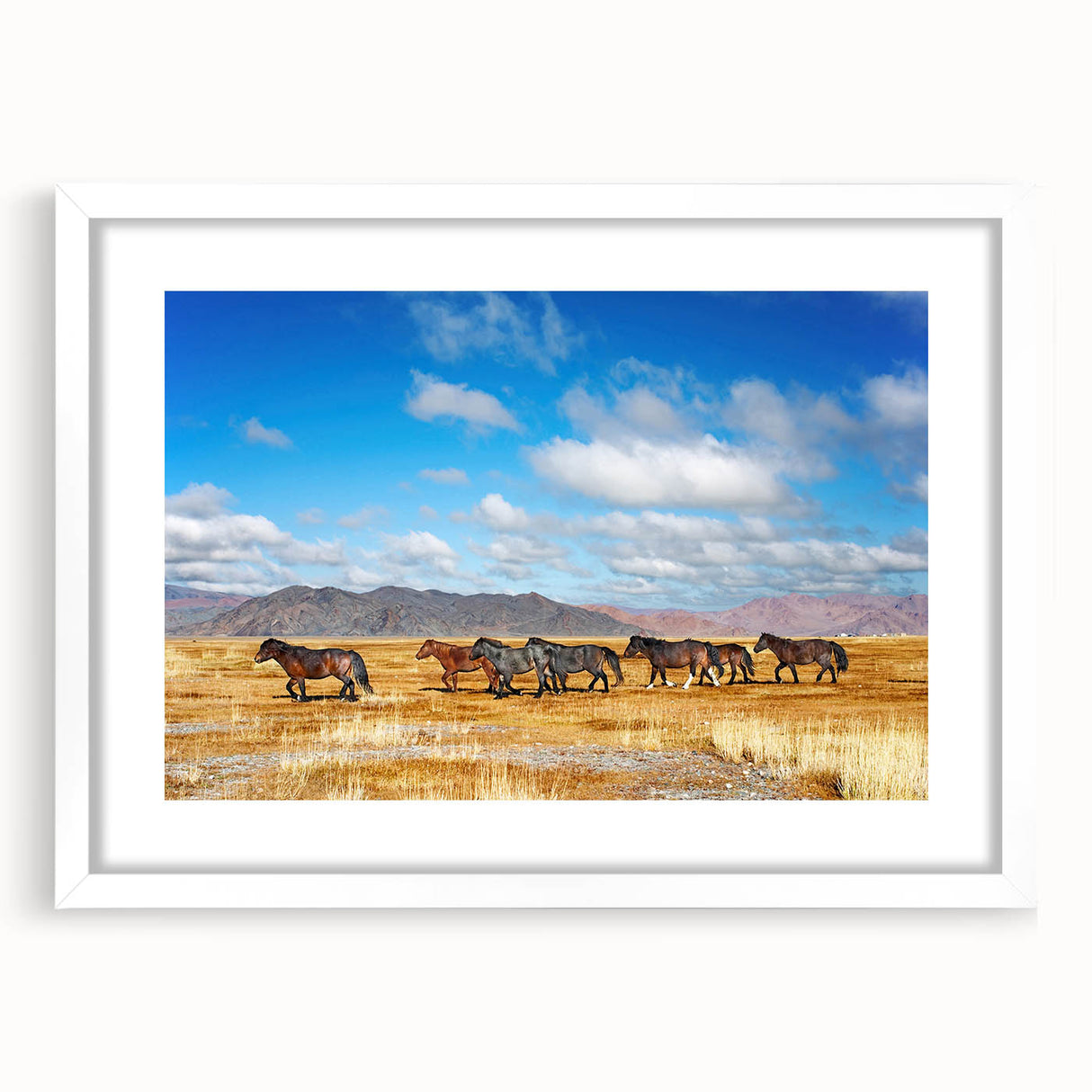 Abstract art print of a Mongolian landscape in muted earth tones on a framed canvas, ideal for dining room decor.