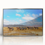 Mid-century modernist art depicting a Mongolian landscape in muted earth tones on a silver-framed acrylic print.