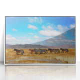 Acrylic print of a Mongolian landscape in muted earth tones, framed in white, suitable for nursery wall art.