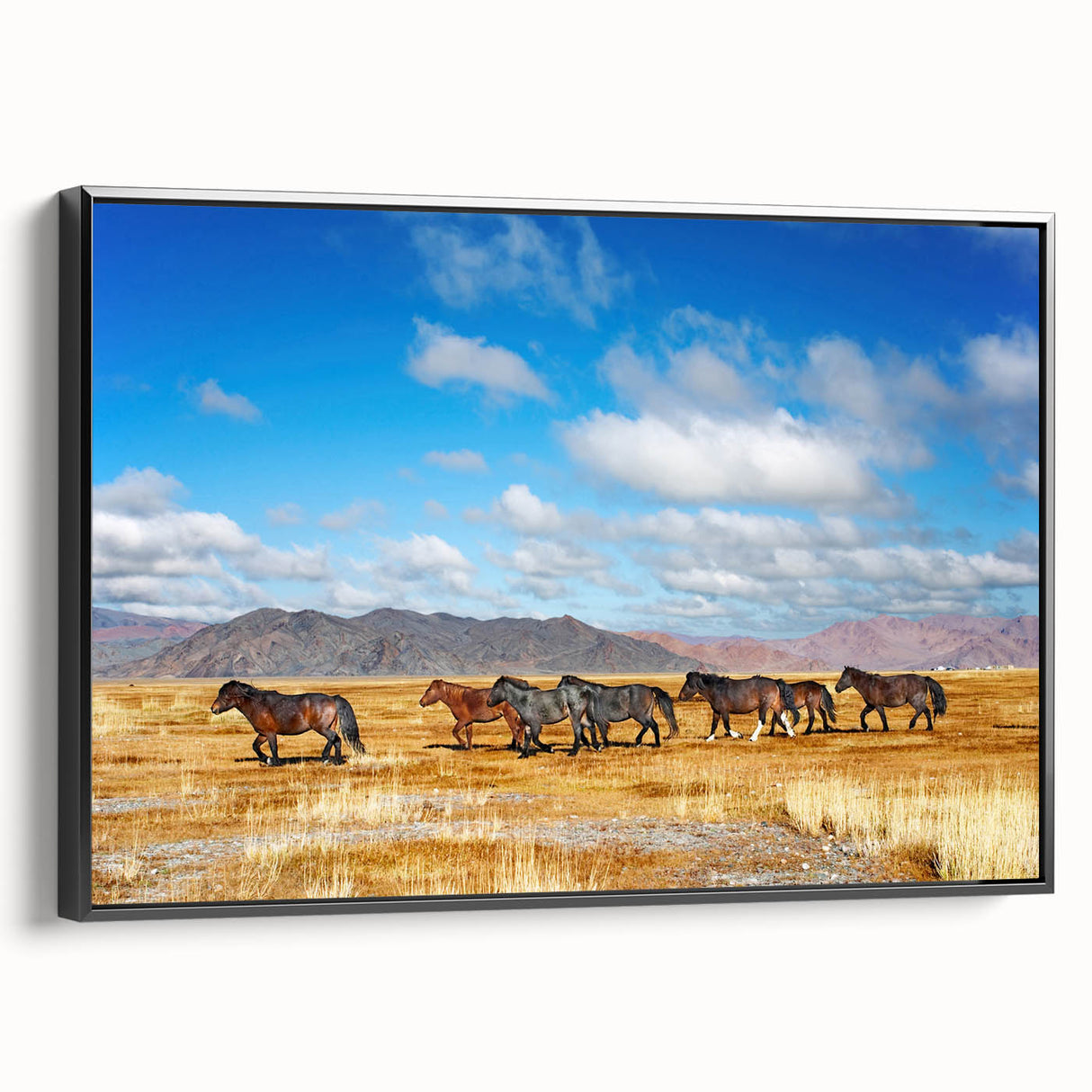 Black and white landscape art painting of Mongolian scenery on framed canvas, ideal for bedroom wall decor.