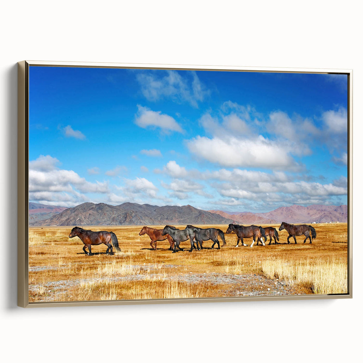 Framed canvas featuring a vintage-style Mongolian landscape in muted gold and black tones, ideal for bedroom wall art.