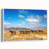 Vintage poster art of a Mongolian landscape on a framed canvas, featuring vibrant colors, ideal for living room decor.