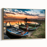 Framed canvas wall art depicting a vintage-style Myanmar landscape with predominant black and gold tones.