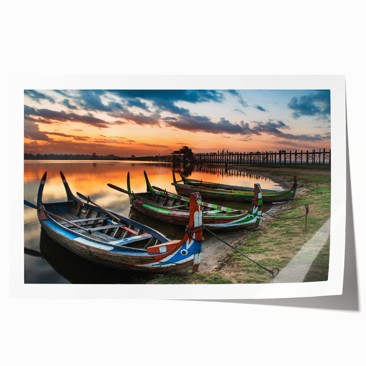 Rolled print of a Myanmar landscape with lush greenery and temples, in muted earth tones, ideal for art wall dining room.