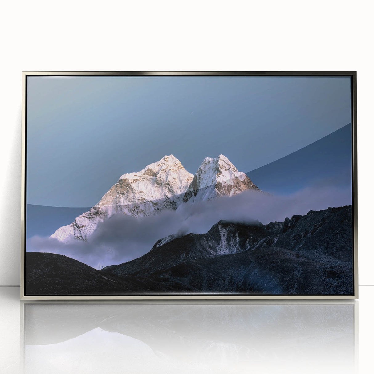 Mid-century modernist art depicting Mount Everest, in muted earth tones on a framed acrylic panel.
