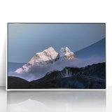 Acrylic print of Mount Everest in muted shades of blue and white, framed in white, suitable for modern art wall decor.