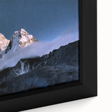 Framed canvas of Mount Everest in black, featuring textured, colorful art accents, suited for large living room walls.