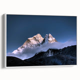Vintage poster art of Everest in vibrant colors on a large framed canvas, ideal for living room decor.