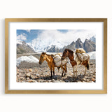 Extra large abstract art print of a textured scenery depicting Asian landscapes in gold frame, ideal for living room decor.