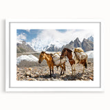 Abstract art print of a serene Pakistani landscape in soft blue and green tones, framed with a white mat.