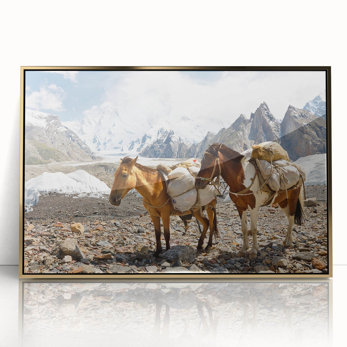 Mid-century modernist style acrylic print of a serene Pakistani landscape, with muted earth tones, framed.