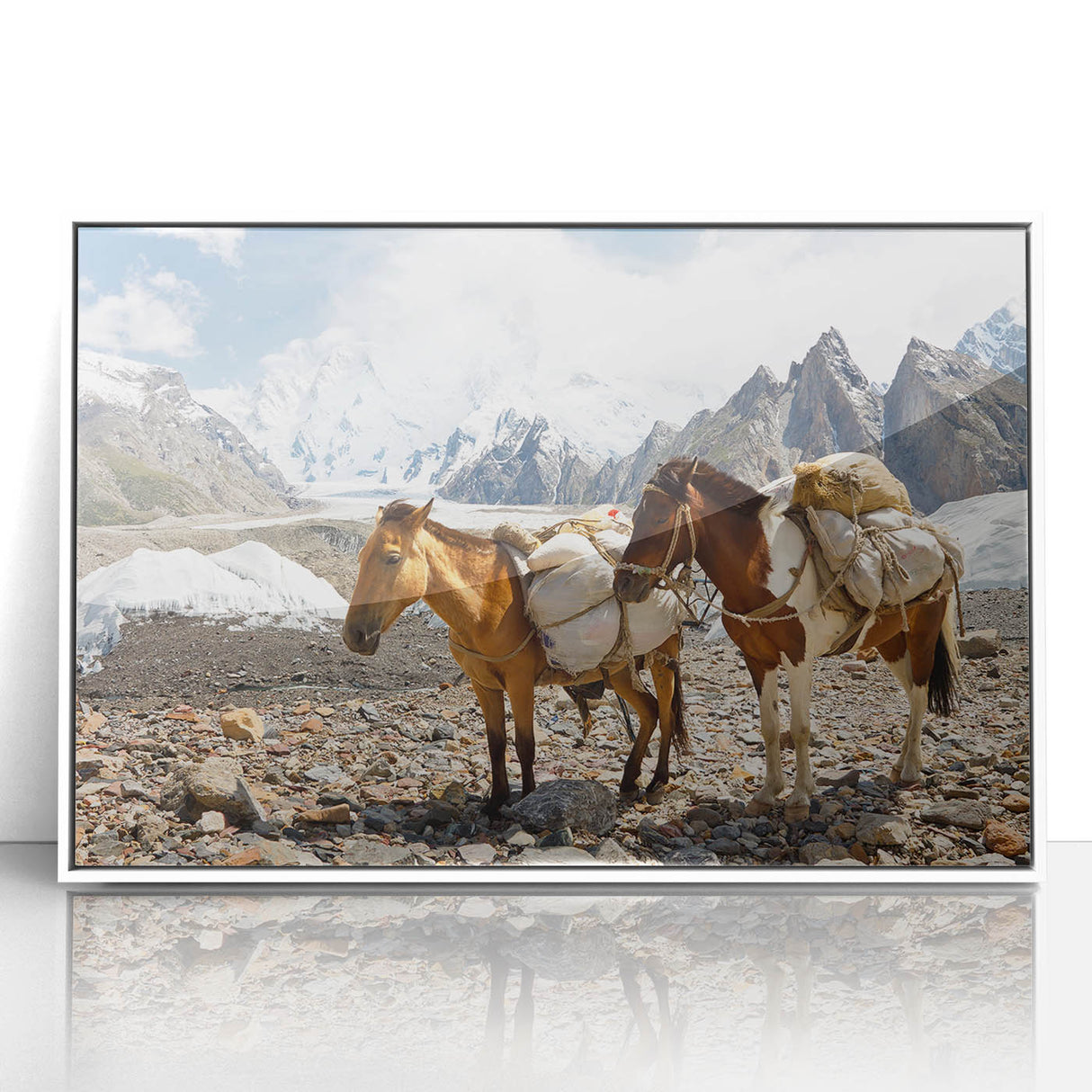 Art deco poster depicting a serene Pakistani landscape in muted greens and blues, framed acrylic.