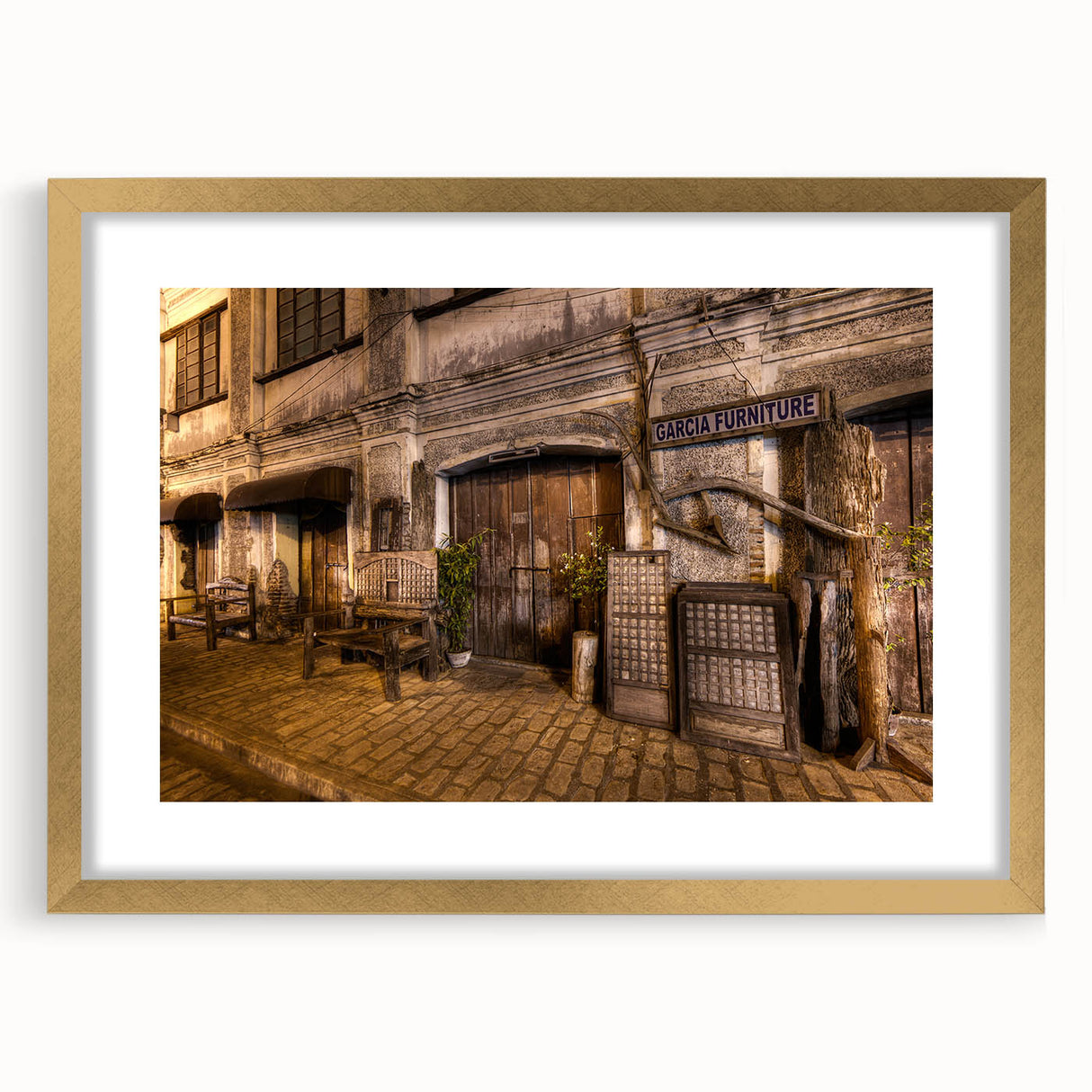 Extra large wall art of an abstract Philippine landscape in textured gold and blue tones, framed with a mat.