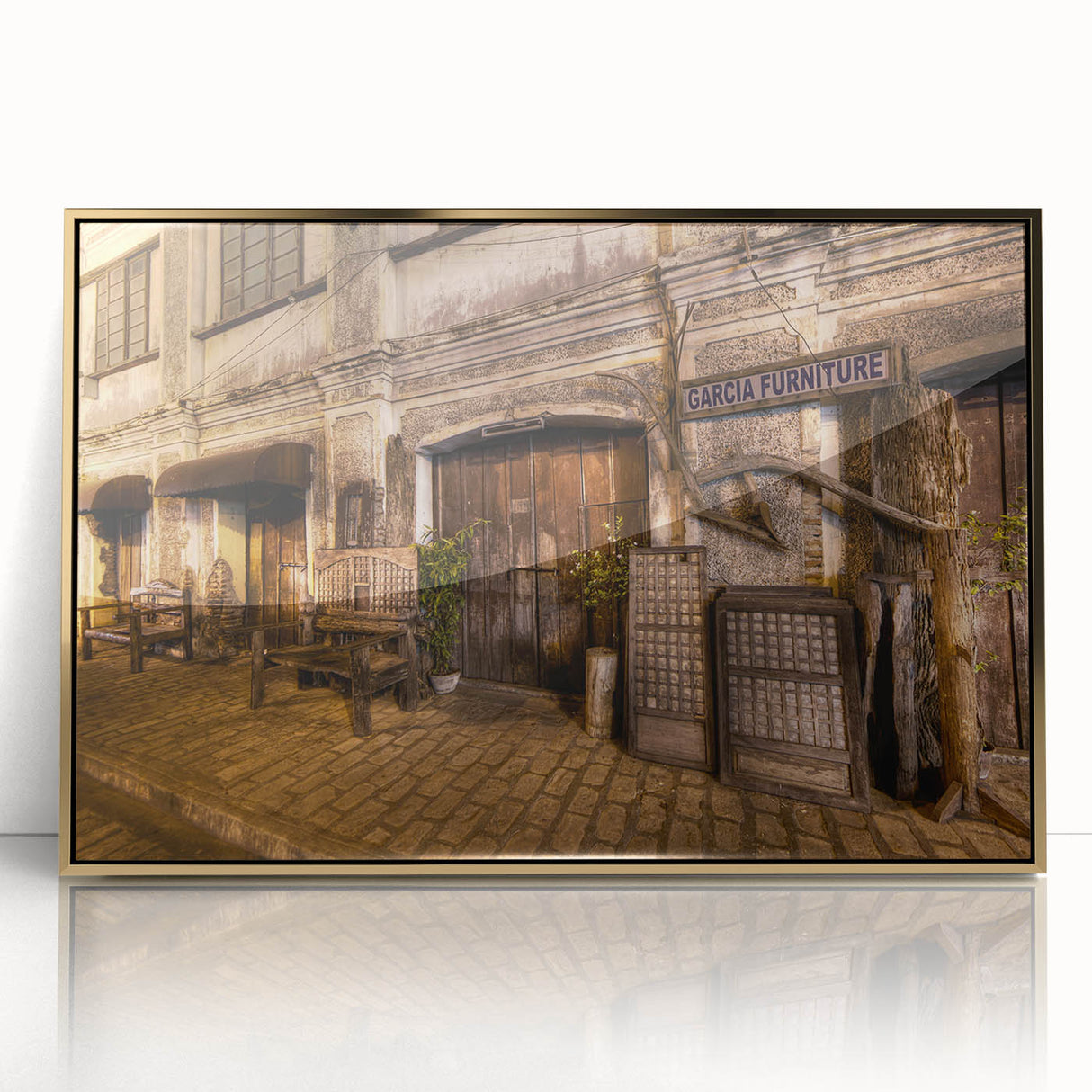 Large framed acrylic print of a serene Philippine landscape in gold and green tones, ideal for modern art wall decor.