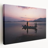 Large stretched canvas depicting a serene Sri Lankan landscape, in soft green and blue tones, suitable for kitchen wall art.