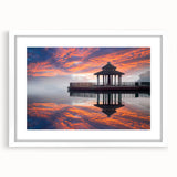 Abstract art print of a serene Taiwanese landscape in muted green and blue tones, framed with a white mat.