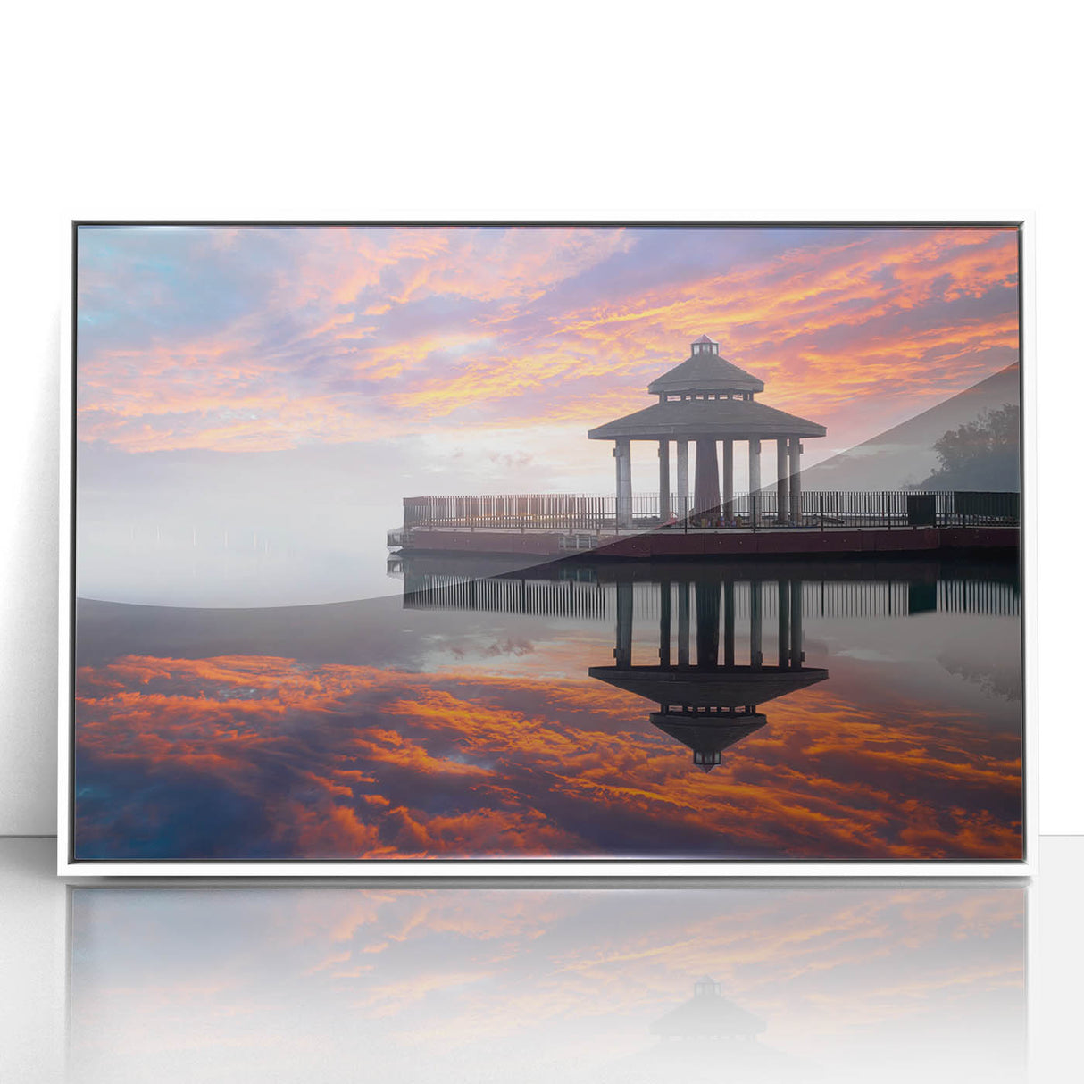 Acrylic print of a serene Taiwanese landscape in muted green and blue tones, framed in white.