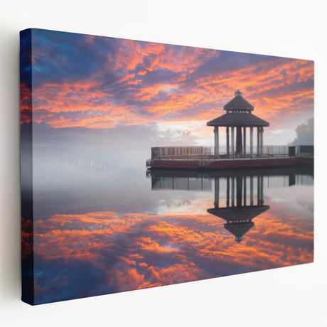 Large stretched canvas depicting a serene Taiwanese landscape in muted earth tones, ideal for kitchen wall art.