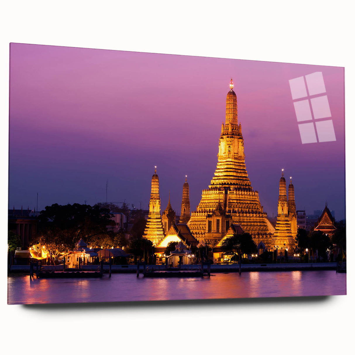 Large abstract wall art of Bangkok skyline in muted gray and blue tones on acrylic glass.