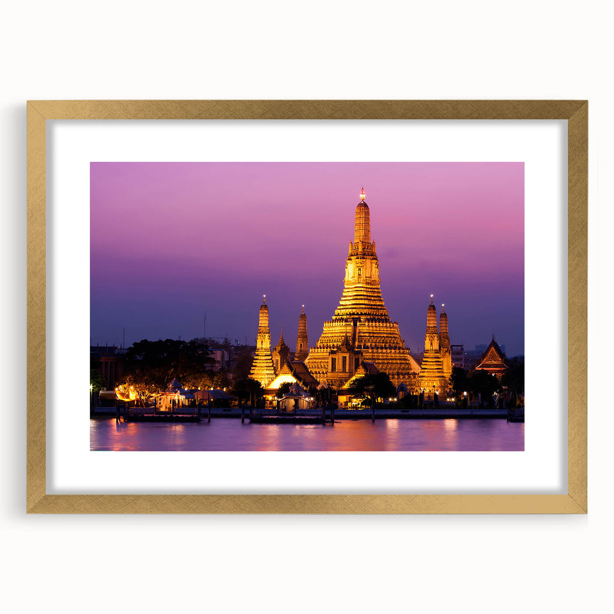 Extra large abstract art print of Bangkok skyline in textured gold frame, ideal for living room decor.