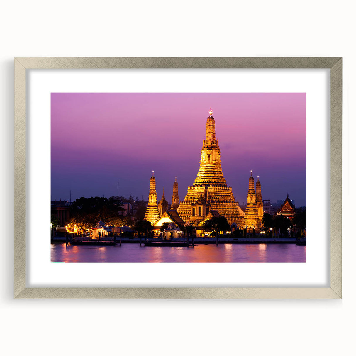 Textured abstract art print of Bangkok skyline in muted silver and gray tones on a framed canvas, suitable for bedroom decor.