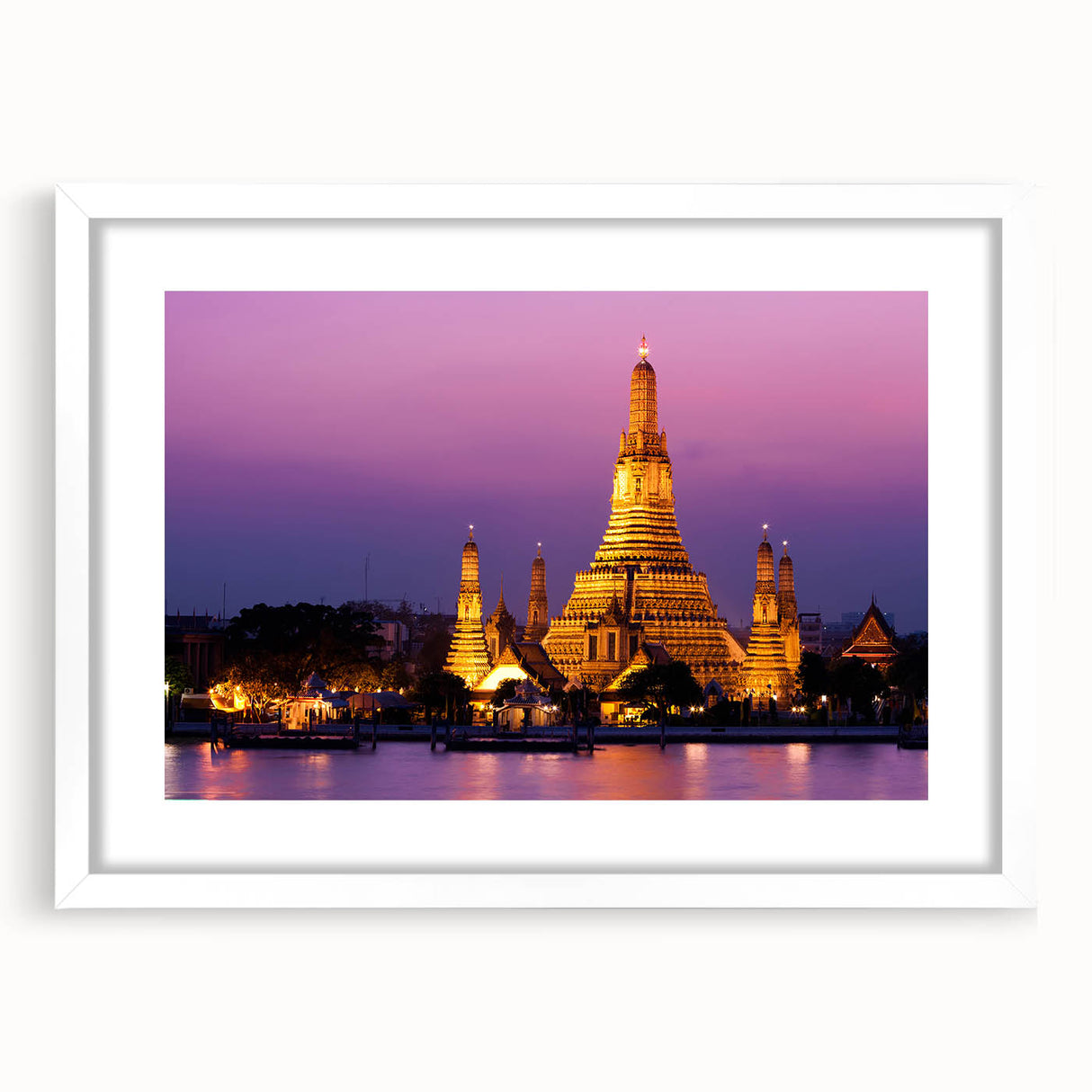 Abstract art print of Bangkok skyline in muted blue and gray tones, framed with a white mat, suitable for dining room decor.