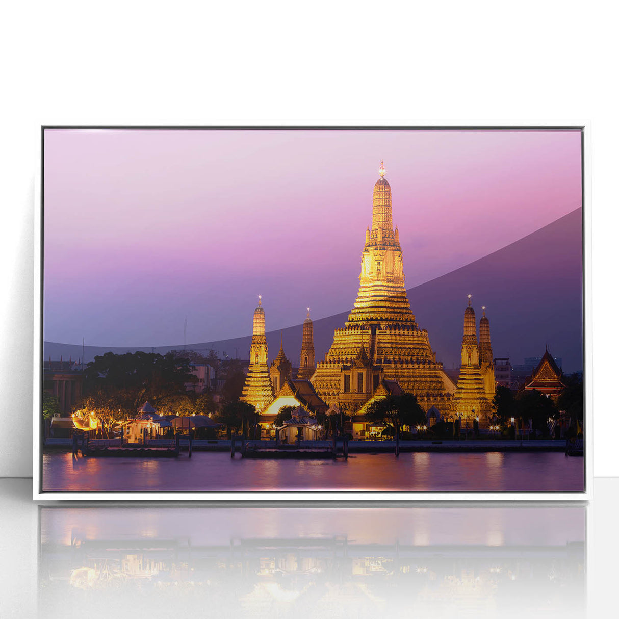 Acrylic print of Bangkok skyline in muted gray and white tones, framed, suitable for modern art wall decor in a home office.
