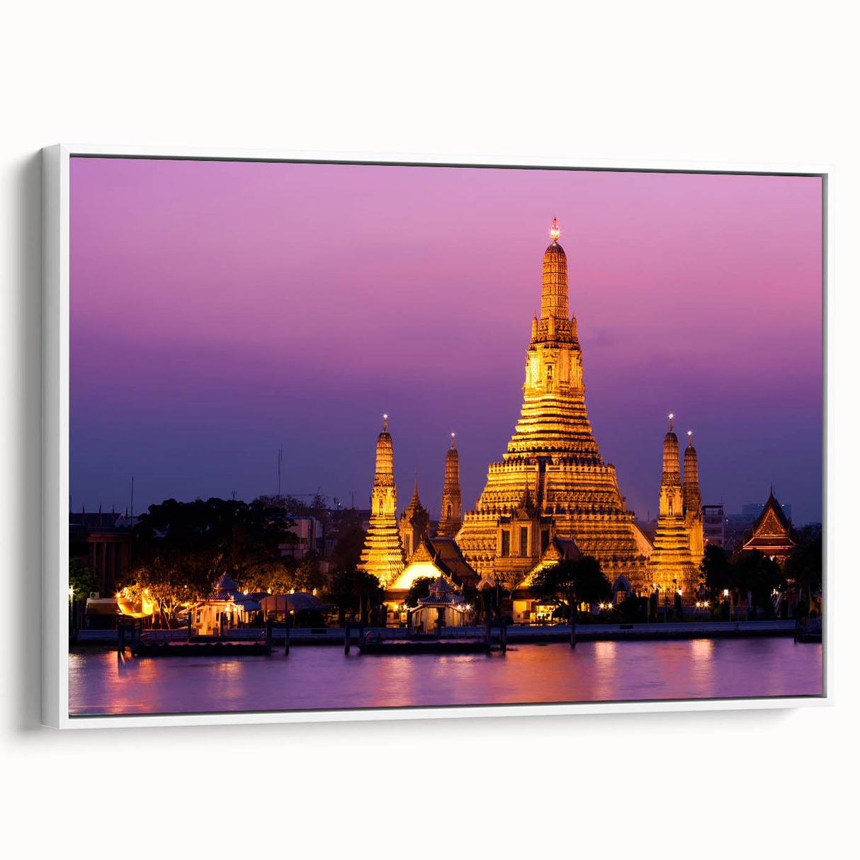 Vintage poster art of Bangkok scenery on extra large framed canvas, featuring colorful art on a black background.