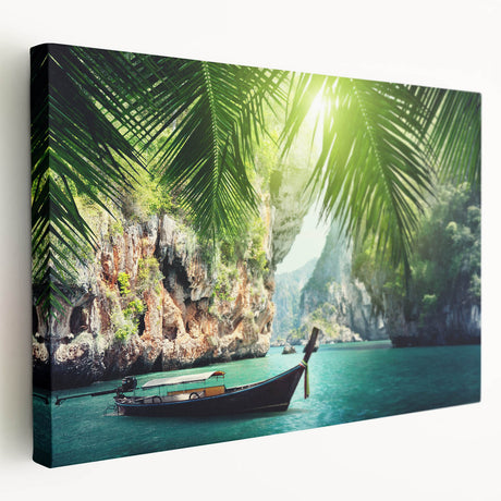 Large canvas print of a serene Thai landscape in muted green and blue tones, ideal for kitchen wall art.