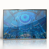 Mid-century modernist art depicting a scenic view of Turkey, in muted earth tones on a silver-framed acrylic print.