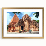 Extra large wall art depicting a textured abstract scene of Vietnam in muted earth tones, framed with a gold mat.