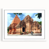 Abstract art print of a Vietnamese landscape in muted greens and blues on a framed white canvas.