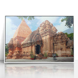 Acrylic print of a Vietnamese landscape in muted watercolor tones, framed in white.