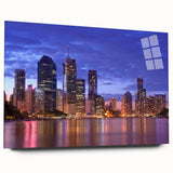 Acrylic print of large abstract Brisbane skyline in cool blue and gray tones, suitable for bedroom or dining room decor.