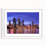 Extra large abstract art print featuring a textured depiction of the Brisbane skyline in muted earth tones, framed in white.
