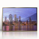 Mid-century modernist art of Brisbane skyline in acrylic, with gold frame, ideal for modern art wall decor.
