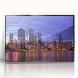 Framed acrylic print of Brisbane skyline in art deco style, using silver and blue tones, suitable for modern art wall decor.