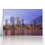 Framed acrylic print of Brisbane skyline in muted pastel shades, ideal for modern art wall decor.