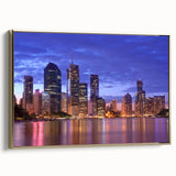 Framed canvas landscape art painting of Brisbane with gold accents and colorful sky, ideal for living room decor.