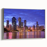 Vintage poster art of Brisbane scenery on a framed canvas, featuring a blend of colorful art and black elements.