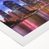 Art deco poster of Brisbane skyline in pastel blues and pinks on rolled canvas, suitable for dining room wall art.