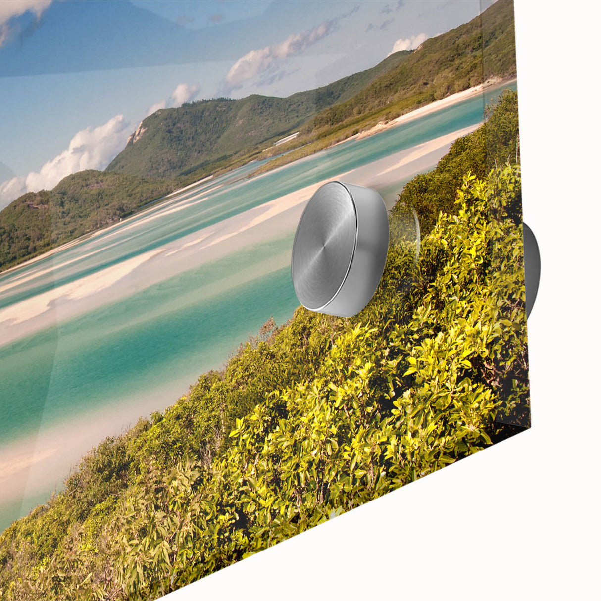 Acrylic print of the Great Barrier Reef in abstract style, featuring vibrant blue and green tones, ideal for dining room art.