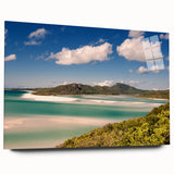 Acrylic print of the Great Barrier Reef in vibrant blue and green shades, suitable for bedroom or dining room decor.