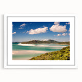 Extra large wall art featuring an abstract depiction of the Great Barrier Reef in vibrant blue and green tones on a framed…