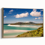 Framed canvas landscape art painting depicting the Great Barrier Reef in vibrant blue and green tones.