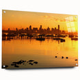 Acrylic print of Melbourne skyline in muted blue and gray tones, suitable for bedroom or dining room decor.