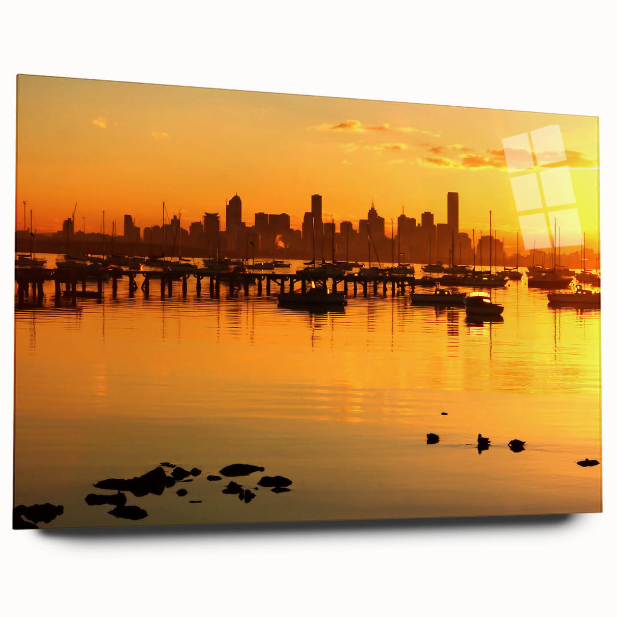 Large abstract depiction of Melbourne skyline in muted blues and grays on acrylic glass.