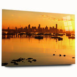 Large abstract depiction of Melbourne skyline in muted blues and grays on acrylic glass.