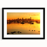 Extra large abstract art print of Melbourne skyline in muted gray and blue tones on a framed canvas.