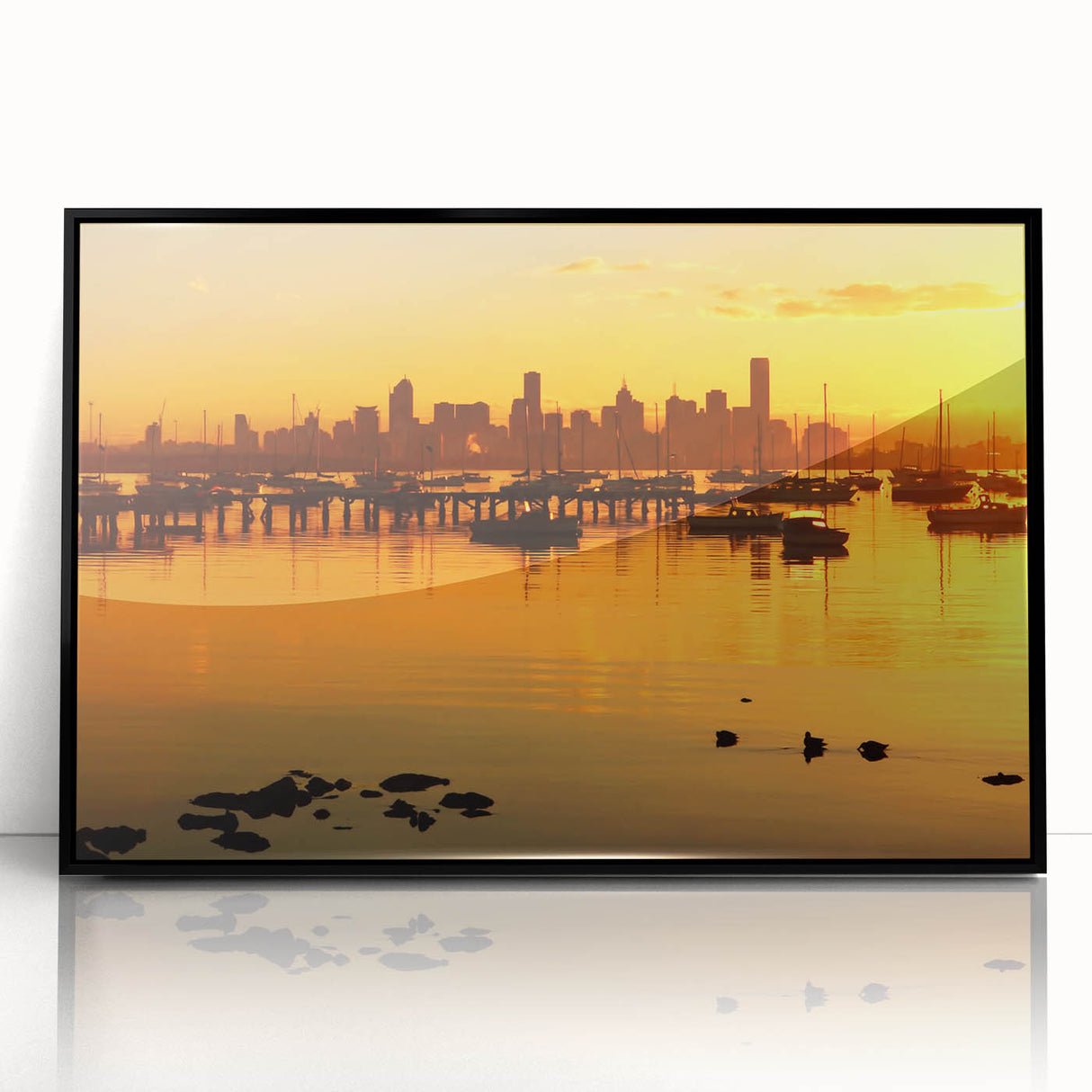 Large abstract wall art of Melbourne skyline in muted gray and blue tones on framed acrylic.